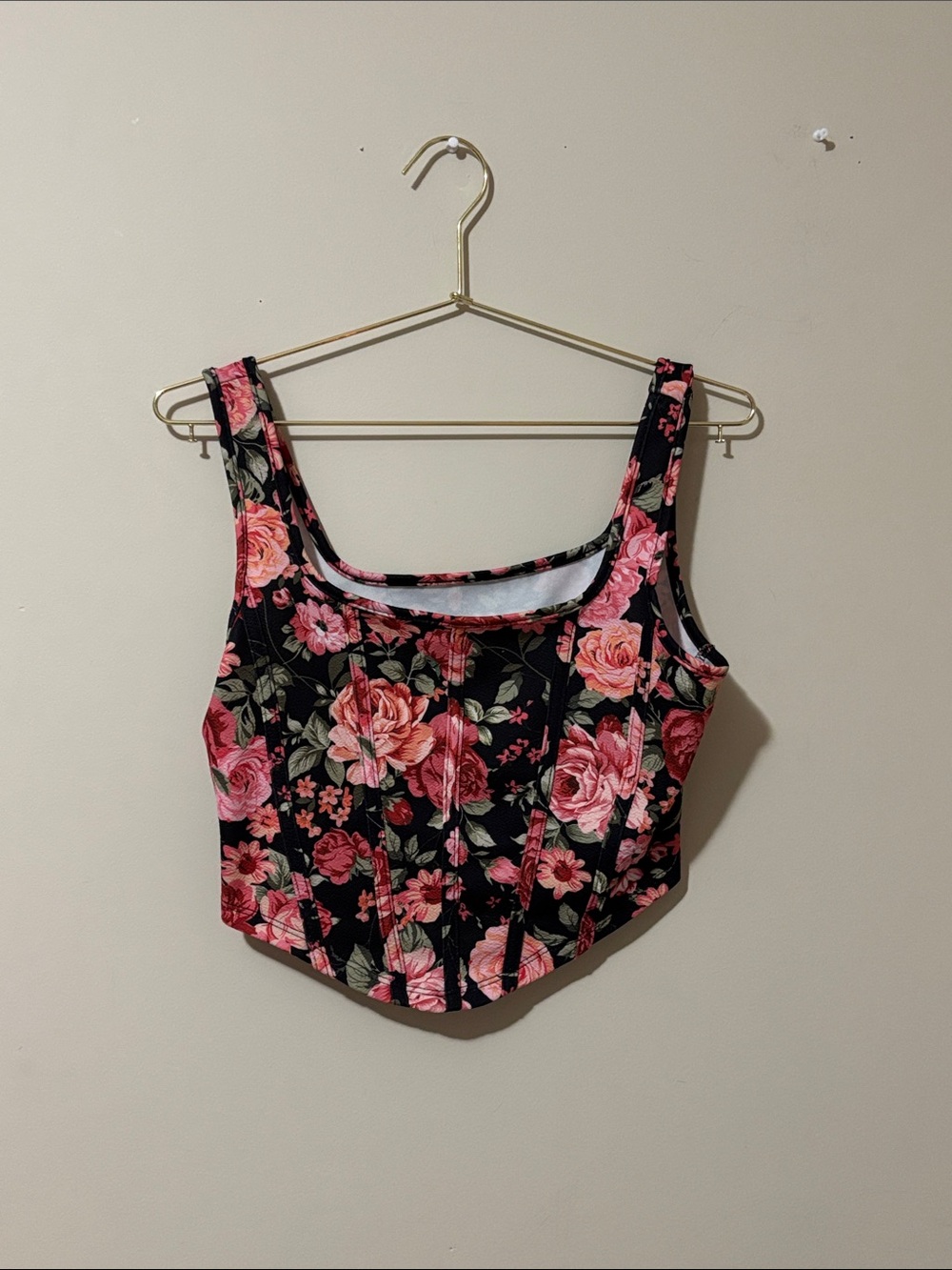 Floral Square-Neck Crop Tank Top - Black with Pink Rose Print